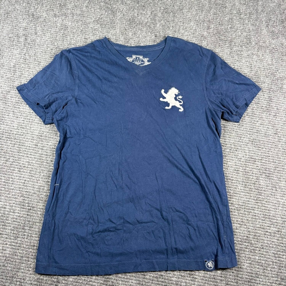 Express V-Neck T-Shirt Mens Small Navy Blue Excellent Embroidered Lion Logo
